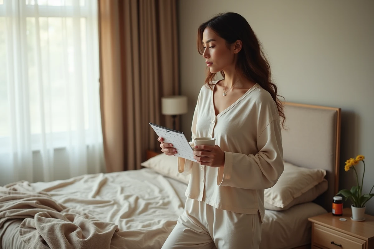 Femme à la maison réfléchissant à ses cycles menstruels et à sa santé en lien avec une anémie