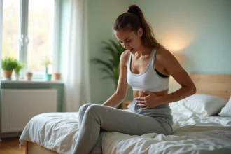 Femme assise sur le lit avec douleur abdominale