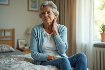 Femme d'&acirc;ge moyen se massant la nuque dans un salon lumineux