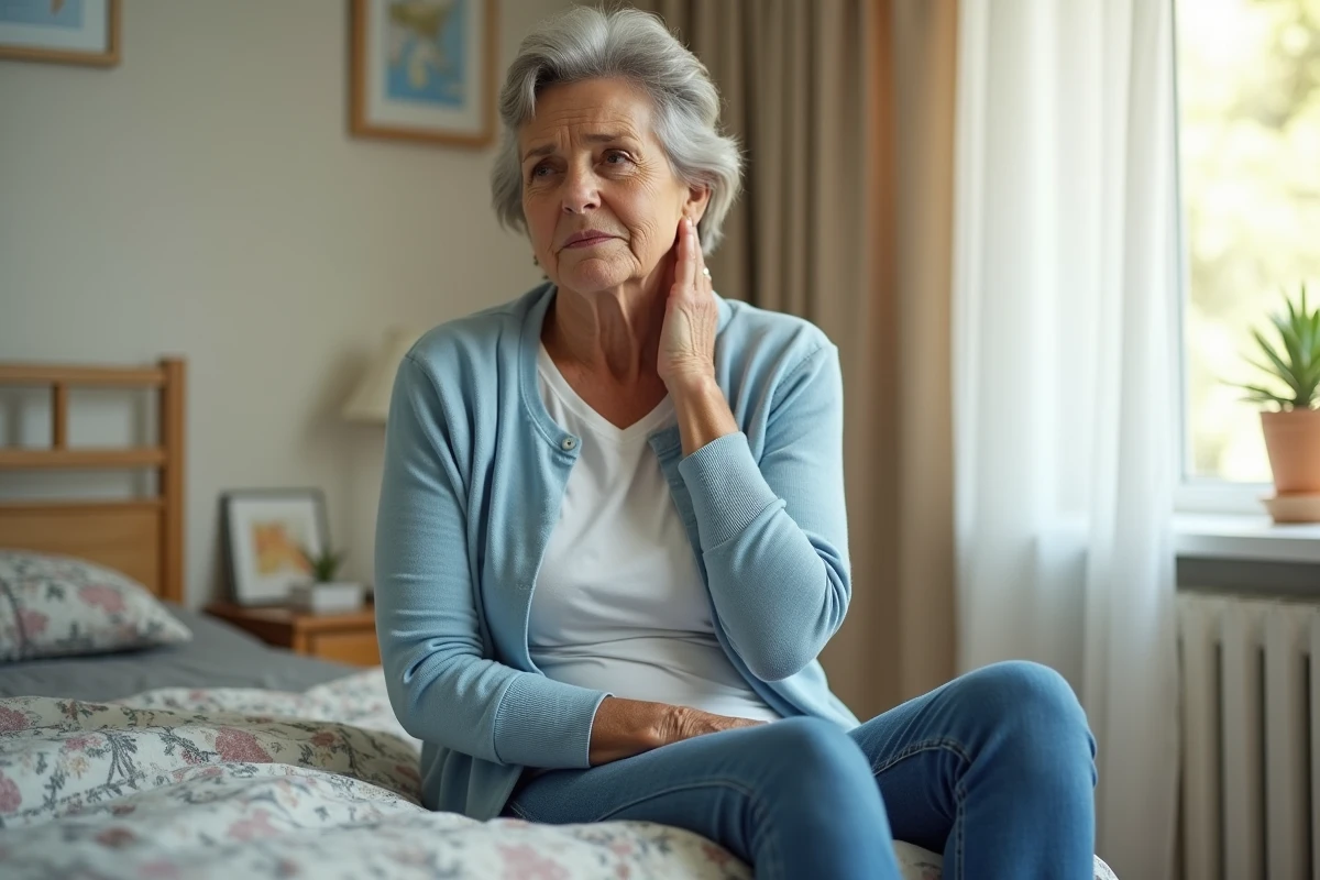 Femme d'âge moyen se massant la nuque dans un salon lumineux