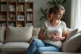 Femme d'&acirc;ge moyen touchant son c&ocirc;t&eacute; en int&eacute;rieur