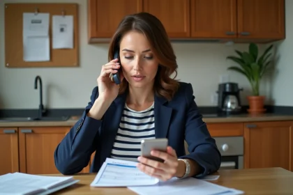 Femme en blazer et blouse &agrave; rayures utilisant son smartphone dans la cuisine