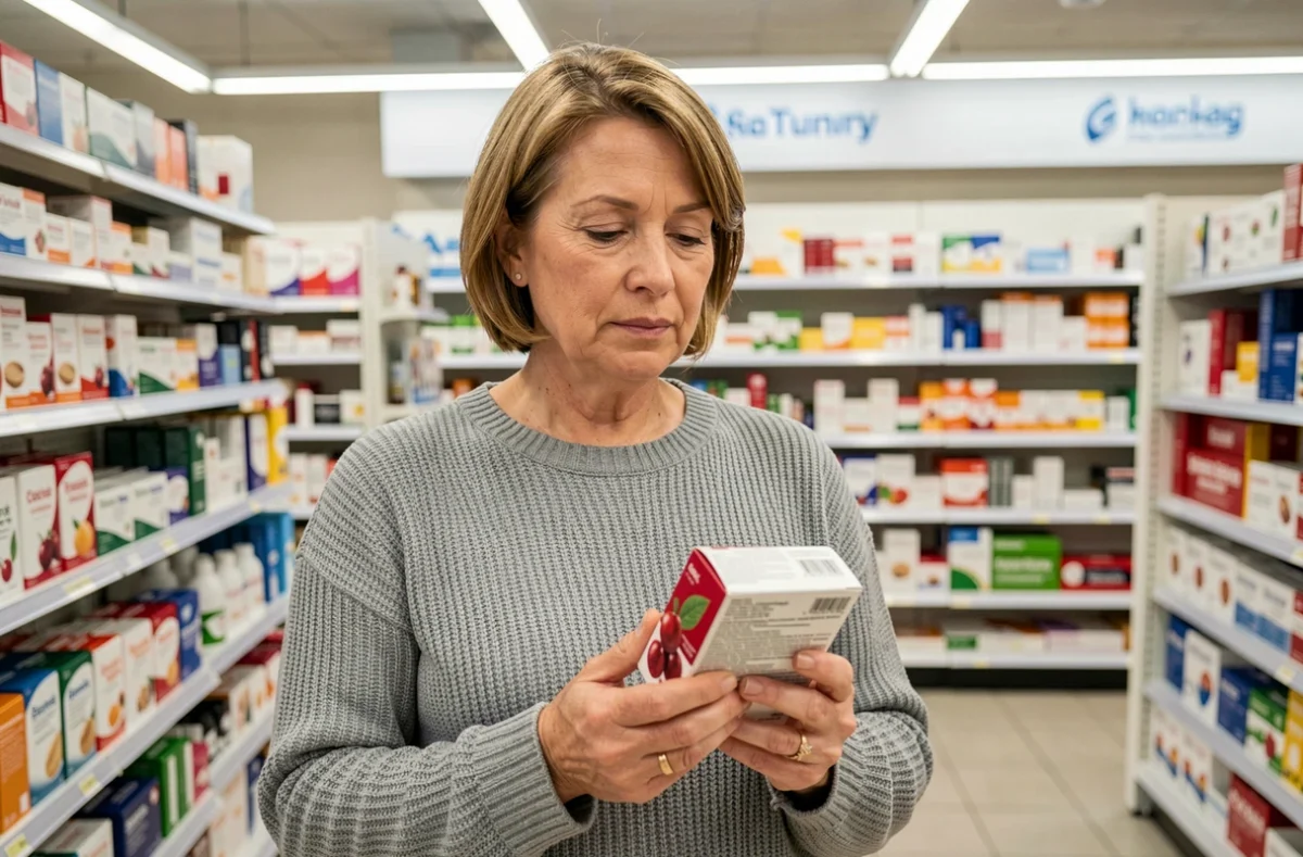 Femme d'âge mûr lisant l'étiquette d'un complément à base de cranberry en pharmacie pour prévenir les infections urinaires