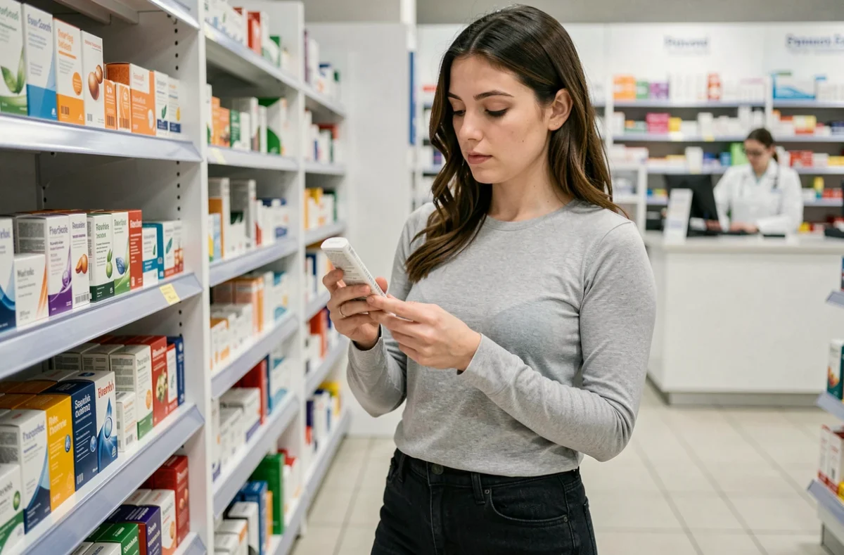 Femme lisant l'étiquette d'un produit pharmaceutique en pharmacie pour soulager des démangeaisons intimes