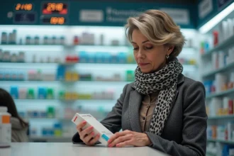 Femme d'âge moyen examine une étiquette de vaccin en pharmacie