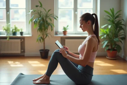 Jeune femme en leggings et top pastel pratique Pilates chez elle