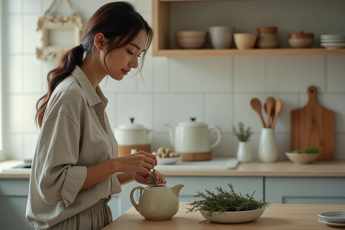 Femme préparant un thé aux herbes dans la cuisine