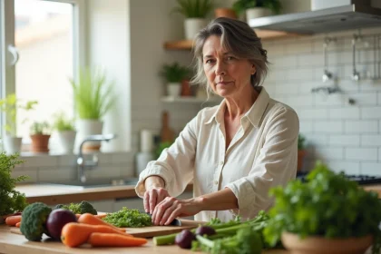 Femme préparant des légumes frais protecteurs du foie dans une cuisine moderne pour réduire les transaminases
