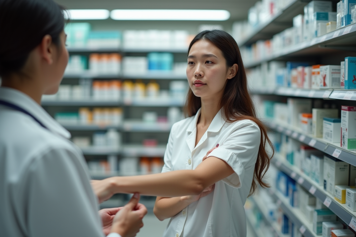 Jeune femme montrant une éruption à un pharmacien en pharmacie