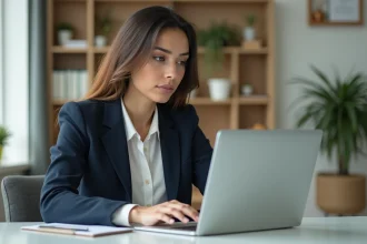 Femme professionnelle en bureau examine site finessgouv