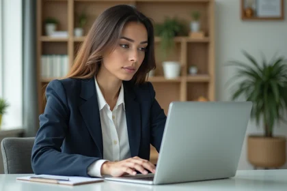 Femme professionnelle en bureau examine site finessgouv