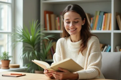 Femme souriante lisant un livre de psychologie positive dans un bureau cosy et lumineux, illustrant l'accessibilité du bien-être mental