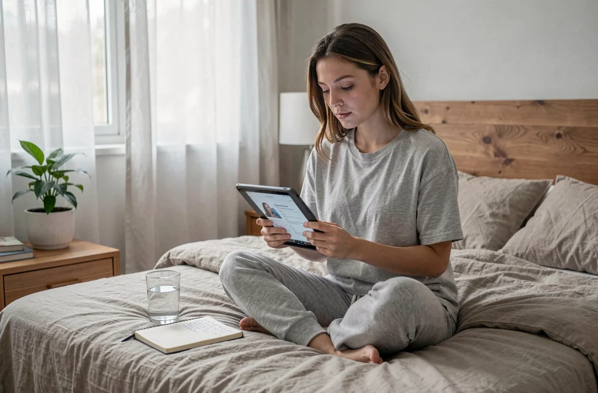 Jeune femme lisant des informations médicales sur une tablette dans sa chambre, s'informant sur le polype utérin avec sérénité