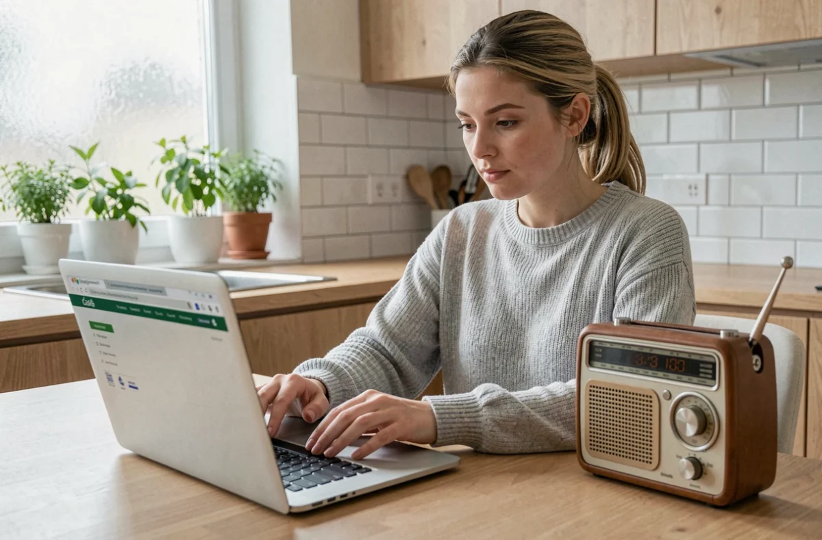 Une femme recherchant des solutions de recyclage pour une vieille radio portable sur son ordinateur dans une cuisine moderne