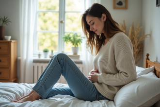 Femme assise pensivement dans une chambre calme