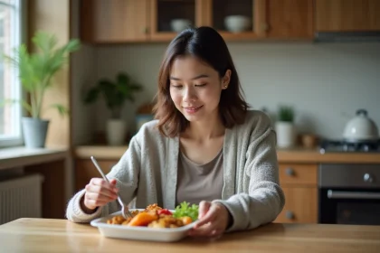 Femme examinant un repas dans une cuisine chaleureuse