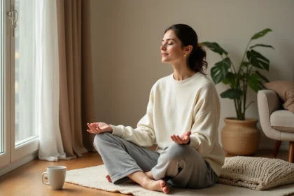 Femme en repos méditatif sur un plancher en bois dans un appartement minimaliste, illustrant la reconstruction après l'épuisement mental