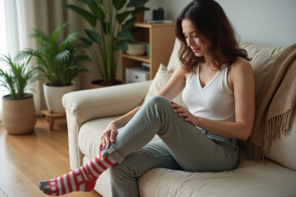 Femme assise sur un canapé beige examinant une marque de chaussettes