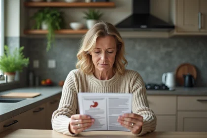 Femme m&eacute;ditative lisant un d&eacute;pliant sant&eacute; digestive