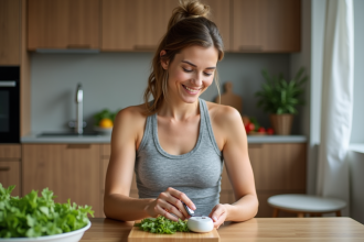Femme en cuisine préparant une salade verte saine