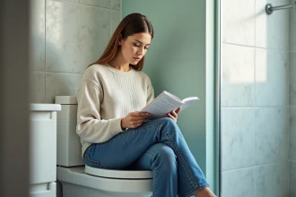 Femme pensive dans salle de bain moderne pour article sant&eacute;