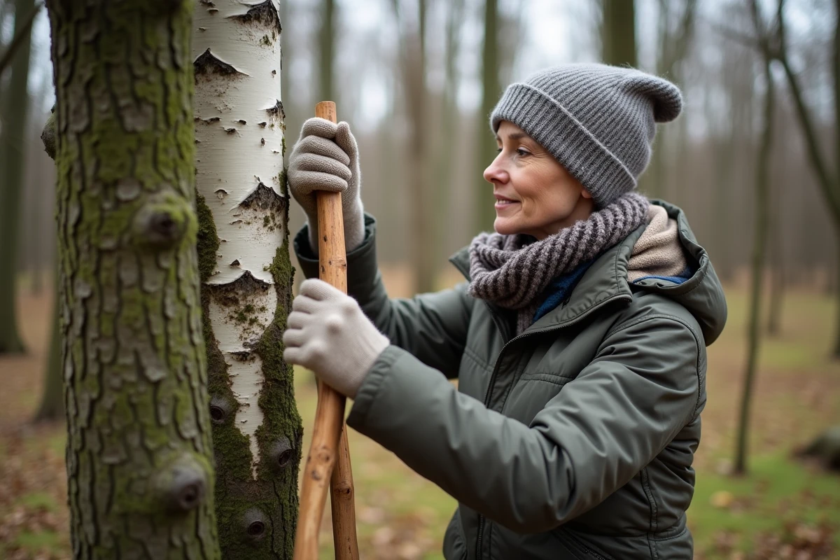 Femme récoltant la sève de bouleau dans la forêt au printemps