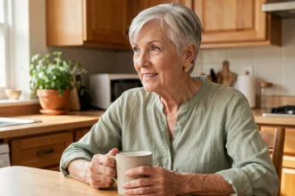Femme senior portant un appareil auditif Amplifon discret dans une cuisine chaleureuse, illustrant le confort de port au quotidien