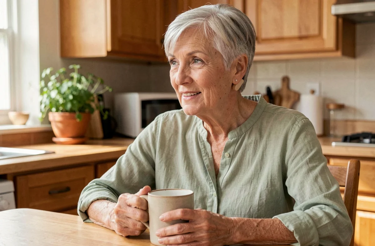 Femme senior portant un appareil auditif Amplifon discret dans une cuisine chaleureuse, illustrant le confort de port au quotidien