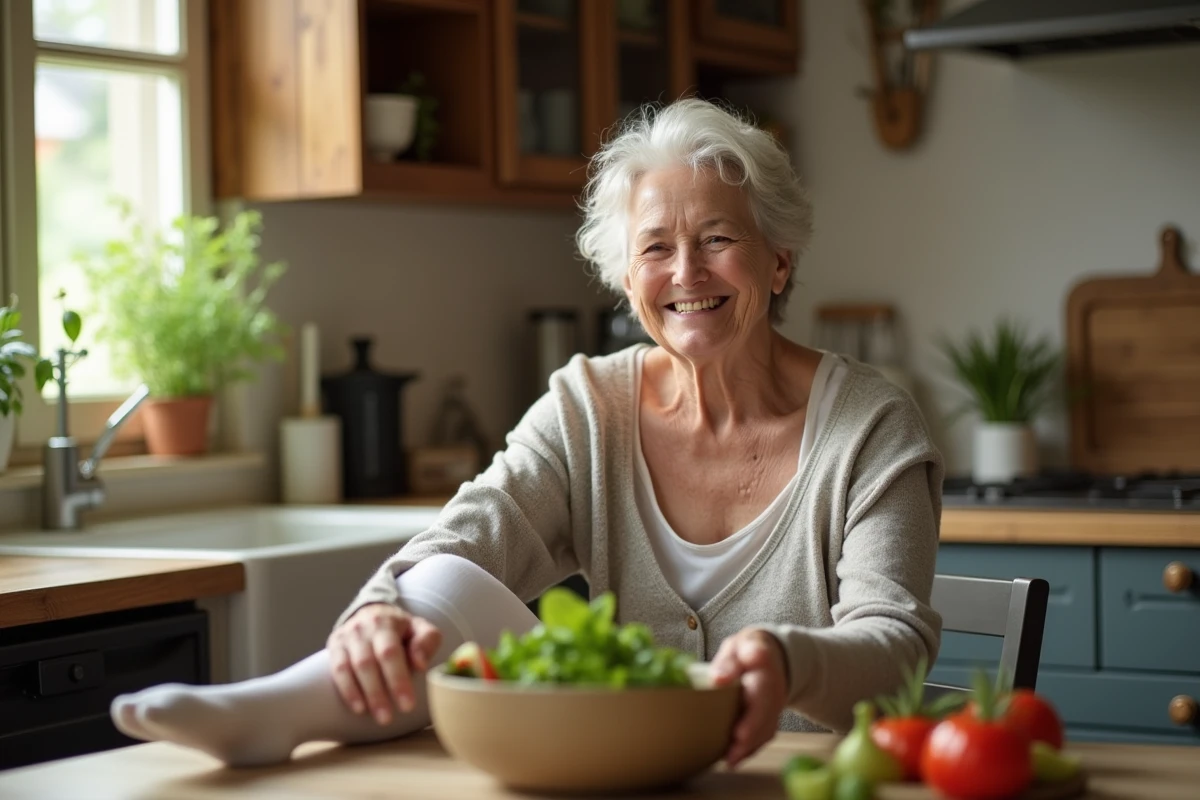 Femme senior préparant une salade dans la cuisine