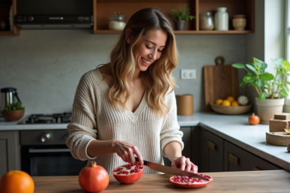 Femme souriante coupant une grenade dans une cuisine moderne