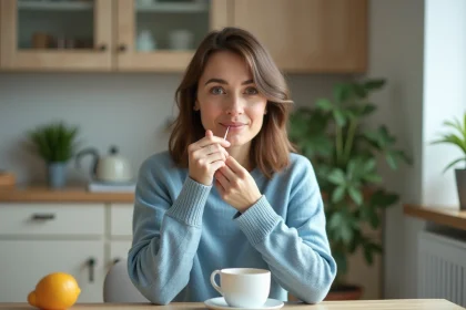 Femme appliquant un coton sur sa l&egrave;vre inf&eacute;rieure dans un cadre paisible