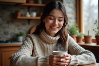 Jeune femme souriante tenant une tasse chaude dans la cuisine