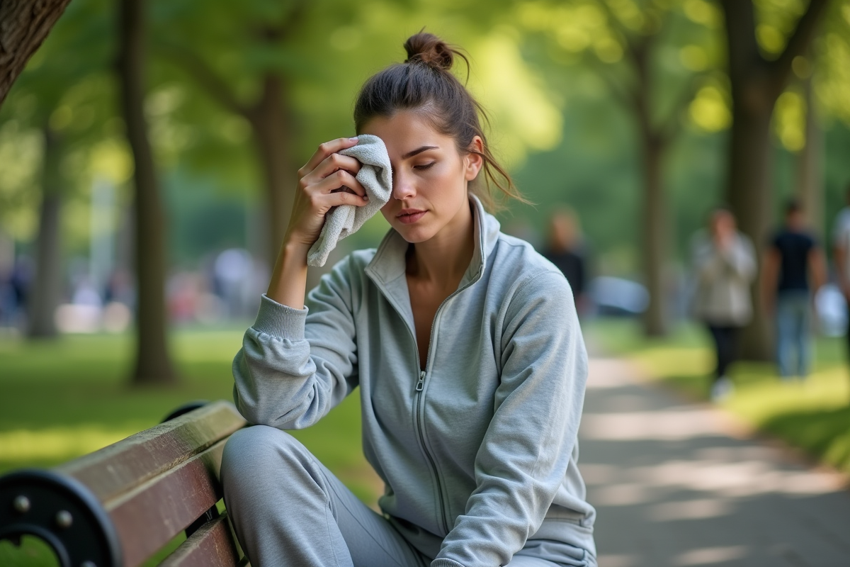 Femme en tenue de sport essuyant la sueur dans un parc