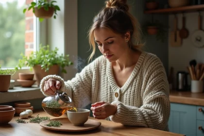 Femme versant tisane de thym dans une tasse rustique
