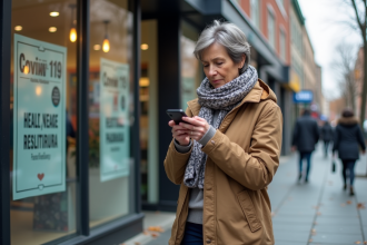 Femme urbaine consulte santé sur smartphone en automne