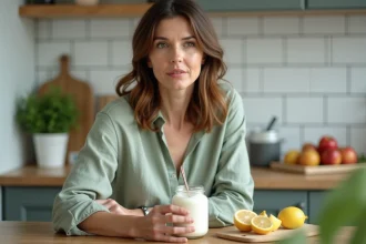 Femme tenant un pot de yaourt probiotique dans une cuisine naturelle, illustrant les bienfaits des probiotiques pour l'intestin irritable