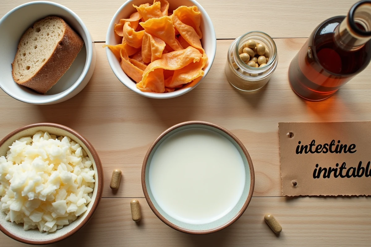 Flatlay d'aliments fermentés et de probiotiques naturels sur bois clair pour illustrer un guide pratique sur les probiotiques et l'intestin irritable