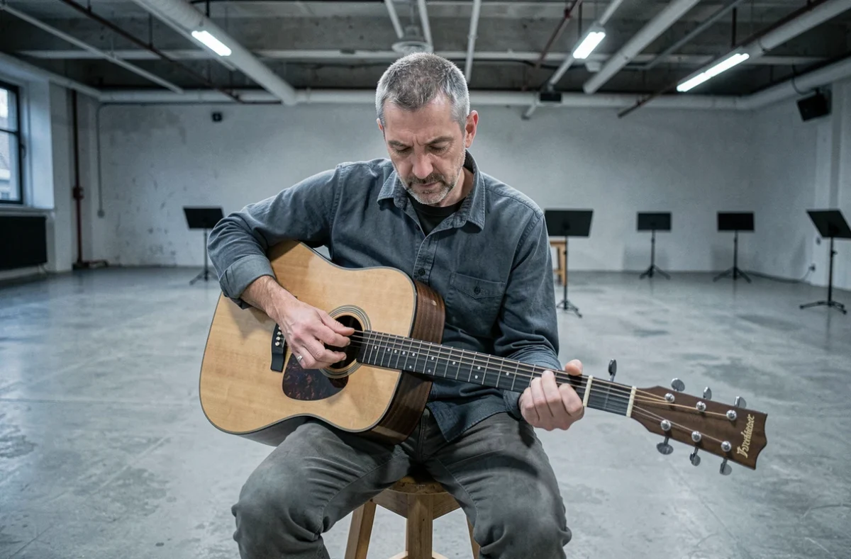 Musicien assis avec une guitare acoustique sur une scène de répétition, portrait documentaire évoquant le parcours de santé d'un artiste engagé