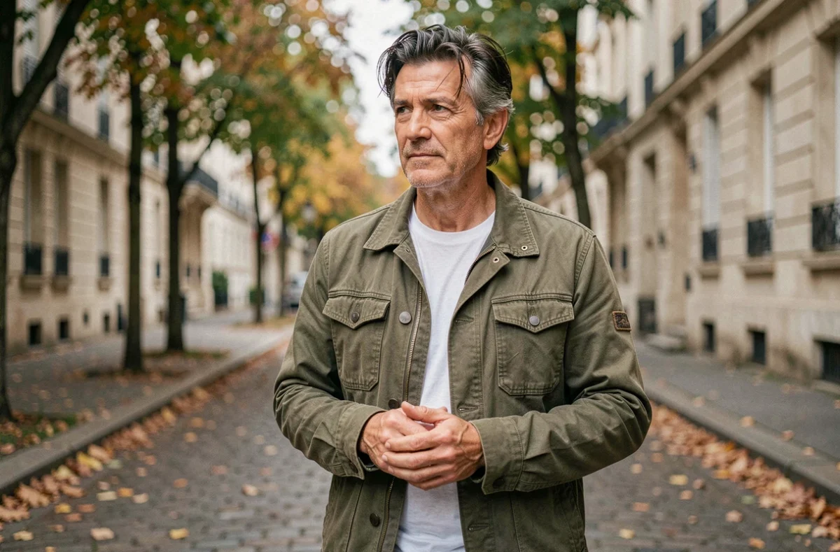 Artiste de rock français se promenant dans une rue parisienne en automne, image symbolisant le combat contre la maladie et la résilience