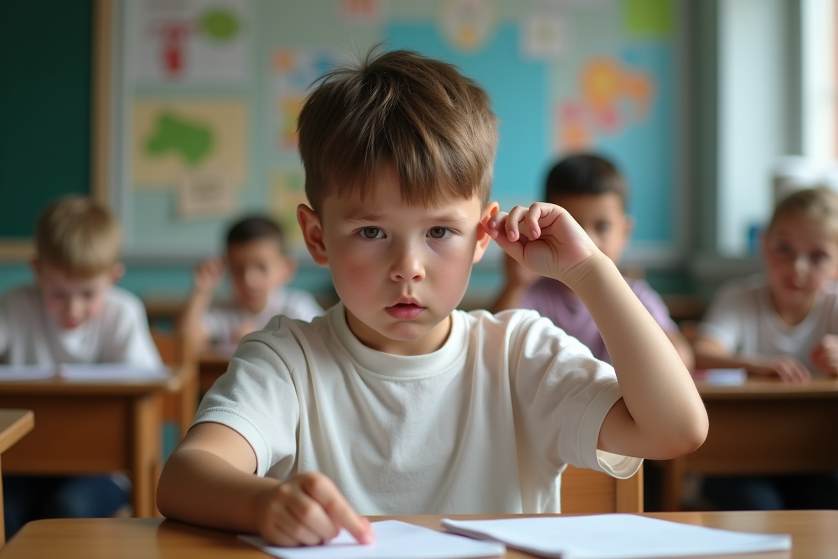 Garcon levant la main en classe avec eczema au bras