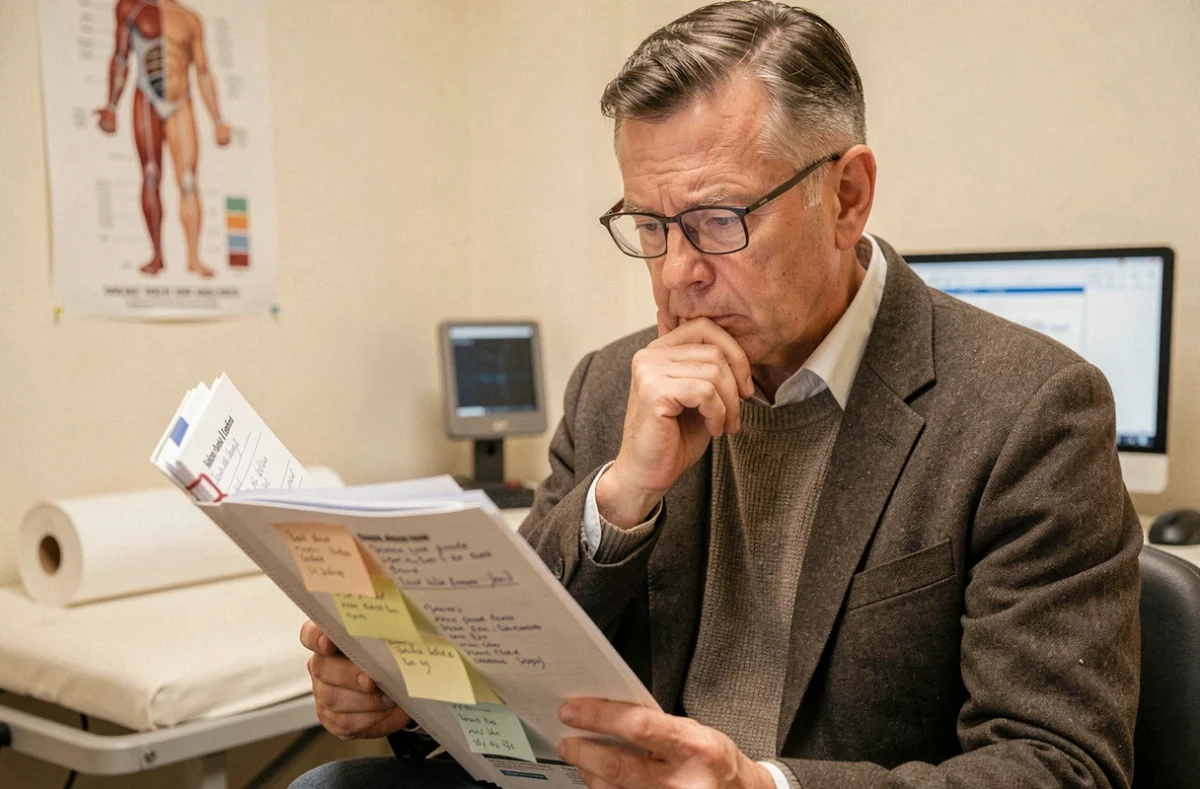 Médecin généraliste en train d'analyser un dossier médical complexe lié au GCA 2700 avec des annotations contradictoires