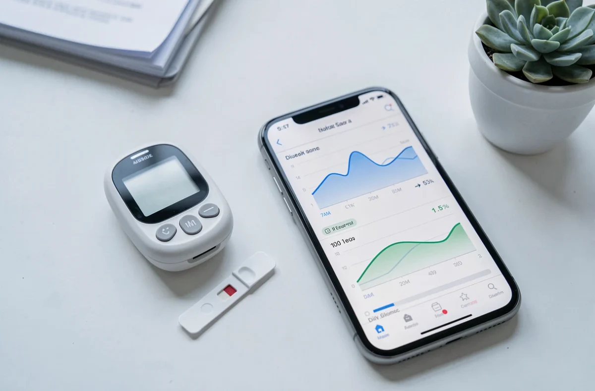 Gros plan d'un glucomètre, bandelette de test et smartphone affichant des relevés glycémiques sur une application de gestion du diabète