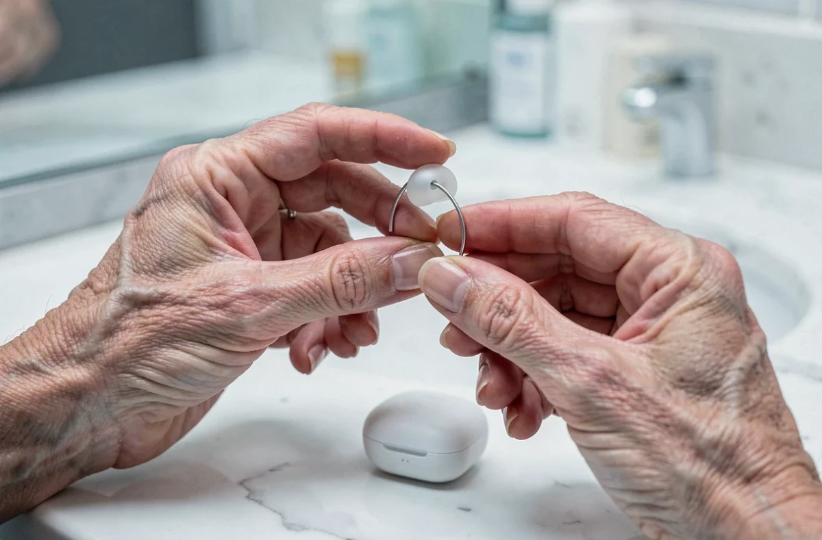 Gros plan sur un appareil auditif Amplifon miniature tenu dans les mains, mettant en valeur sa discrétion et sa technologie de confort