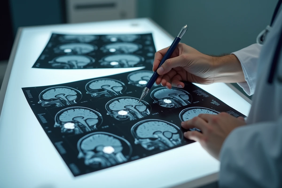 Gros plan sur des films IRM cérébraux d'un patient âgé révélant des hypersignaux de la substance blanche