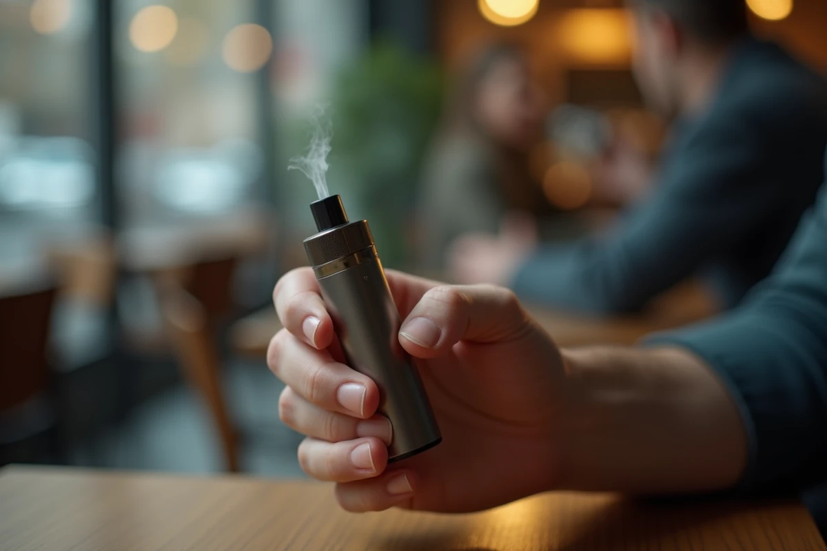 Gros plan d'une main tenant une cigarette électronique avec de la vapeur, symbole des risques de brûlure au palais