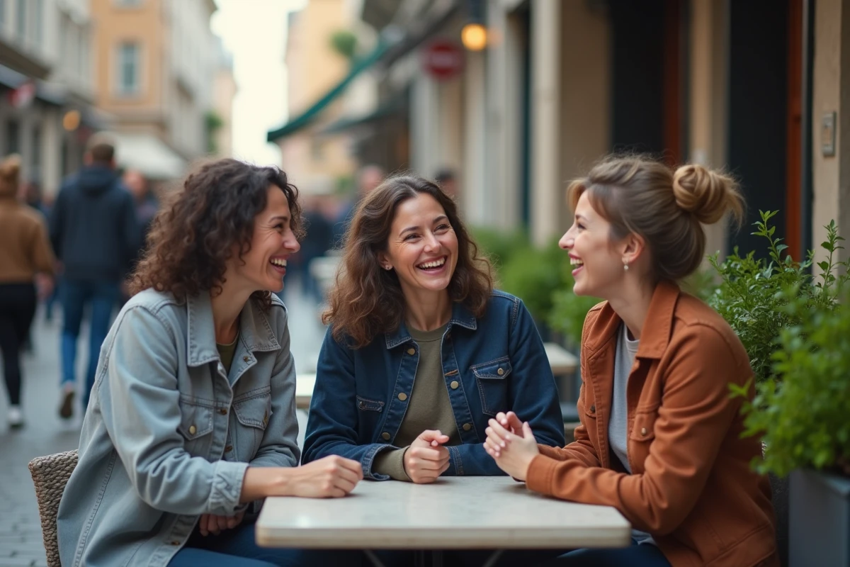 Groupe de trois adultes discutant joyeusement en terrasse de café, symbolisant le partage des principes de psychologie positive au quotidien