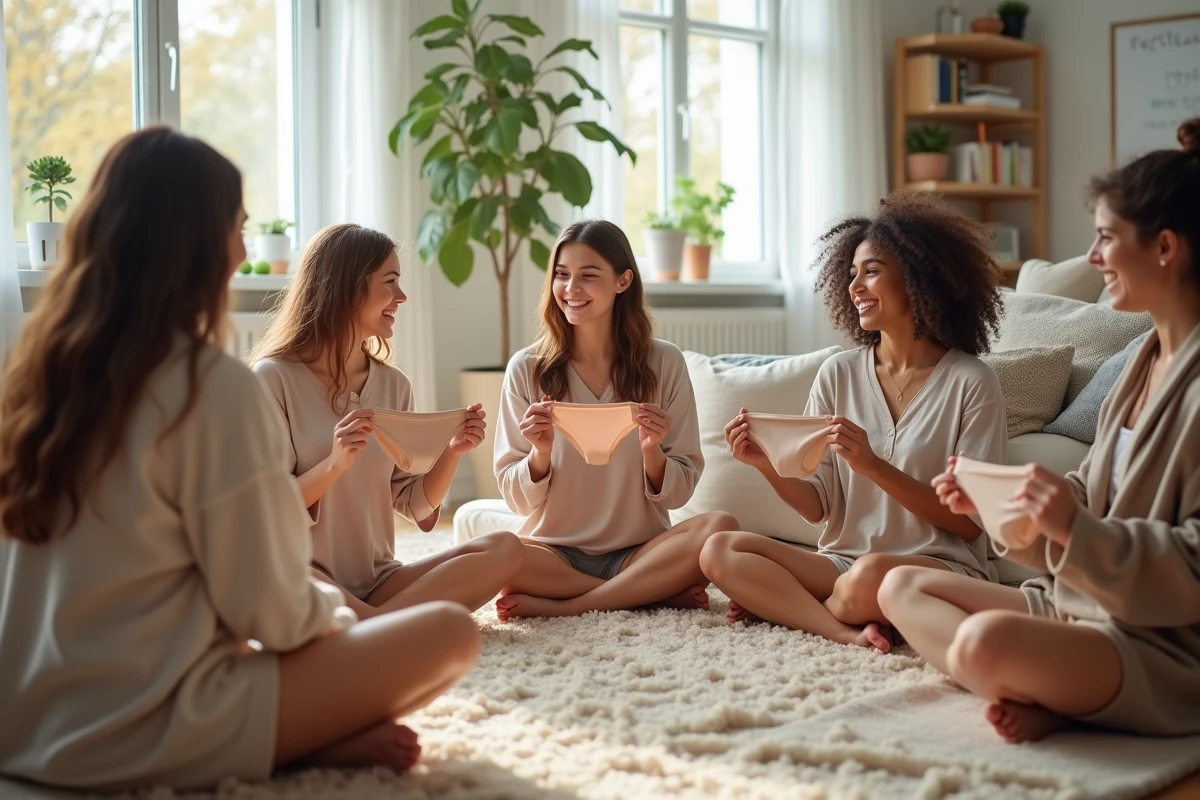 Groupe de femmes discutant de culottes period zéro déchet dans un salon lumineux