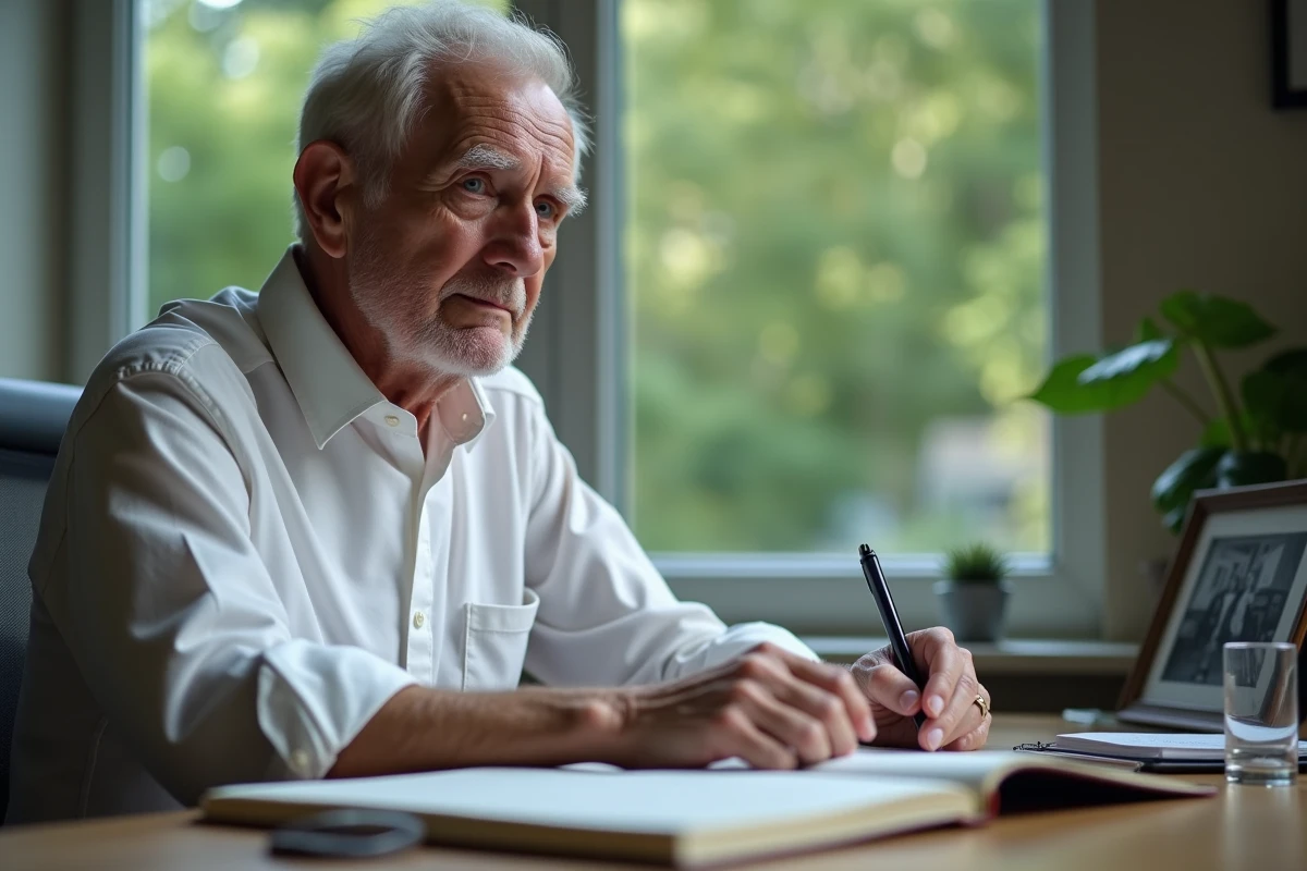 Homme âgé pensif assis à son bureau près d'une fenêtre, illustrant la solitude et la réflexion face à une maladie grave
