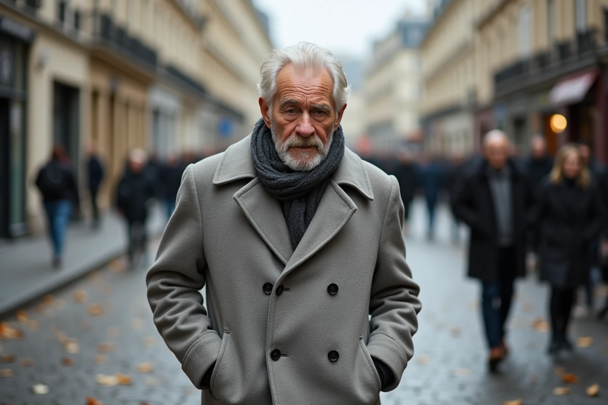 Homme âgé marchant seul dans une rue parisienne en automne, symbole de discrétion et de fragilité face à la maladie