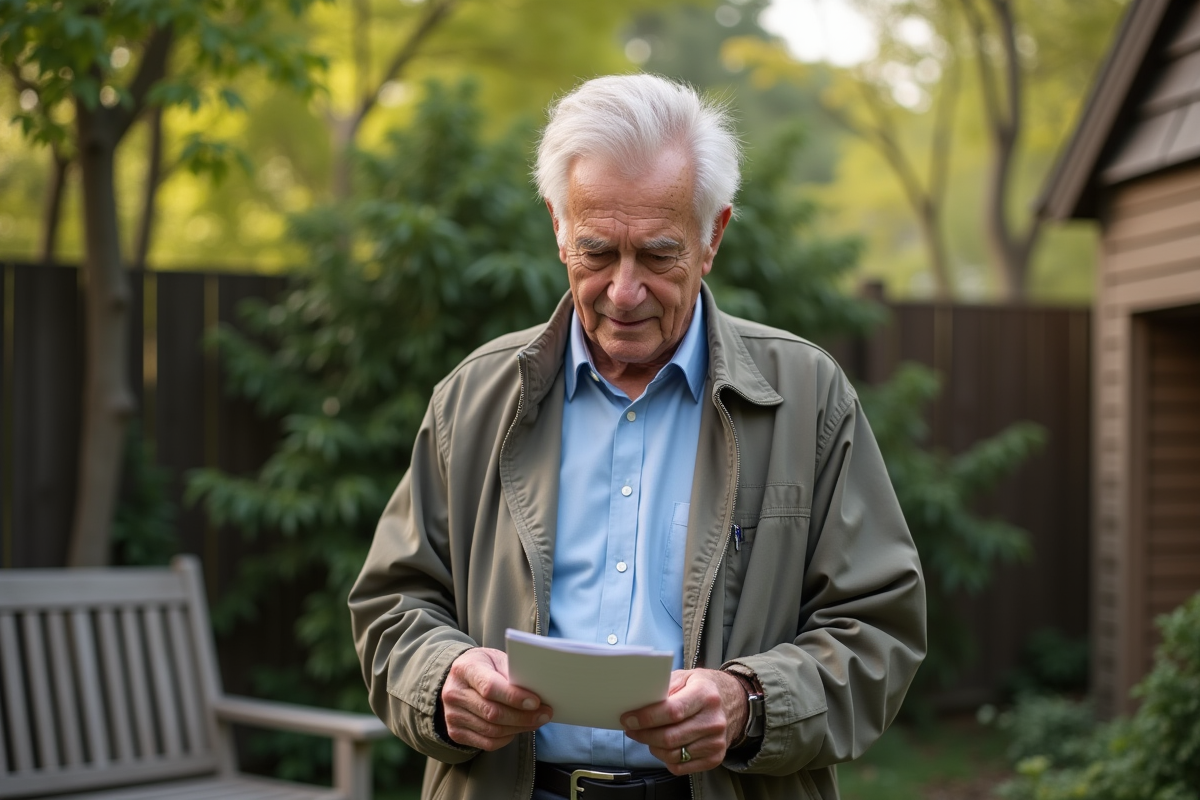 Homme âgé regardant une brochure de vaccination dans le jardin